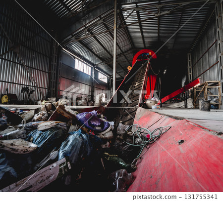 At modern recycling plant. Conveyor belt for transports garbage  131755341