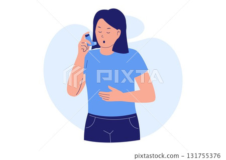 Illustration of a Woman Asthma Attack and Inhaler Use 131755376