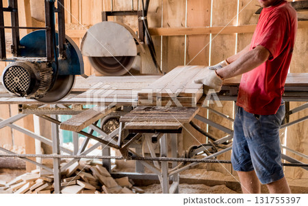 Modern sawmill. A carpenter works on woodworking the machine tool. Modern sawmill. A carpenter works on woodworking the machine tool. 131755397