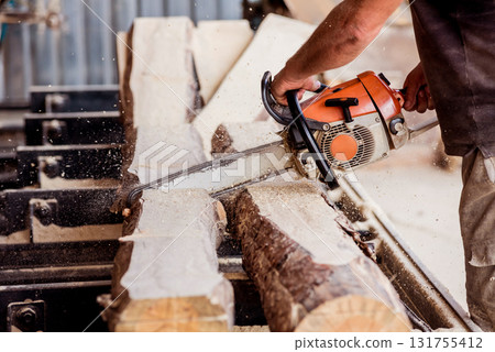 Woodcutter cutting tree with chainsaw on sawmill. Modern sawmill. Woodcutter cutting tree with chainsaw on sawmill. Modern sawmill. 131755412