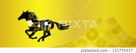 Year of the Horse New Year's card material: Traditional pattern of horse and Mt. Fuji on gold background 131755437