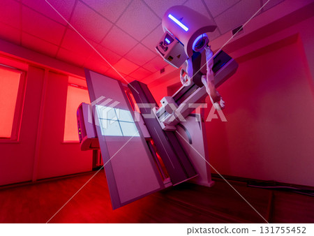 X-ray room in a hospital. Classic ceiling-mounted x-ray system. 131755452