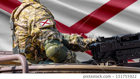 Alabama US state flag with soldier at machinegun turret Alabama US state flag with soldier at machinegun turret 131755922