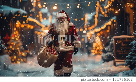 Santa Claus with gift bag walking on festive Christmas street with holiday lights and decorations 131756162