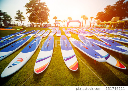 A lot of surfboards on the beach. Summer background A lot of surfboards on the beach. Summer background 131756211