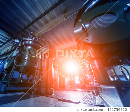 Interior of modern natural oil factory. The piping, pumps and motors Interior of modern natural oil factory. The piping, pumps and motors 131756250
