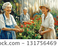 An impressionist painting depicting elderly women working in a bright flower garden 131756469