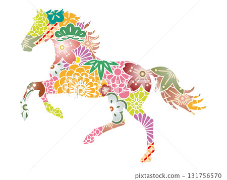 A beautiful horse silhouette with a Japanese floral pattern. Colorful illustration material for the Year of the Horse. 131756570