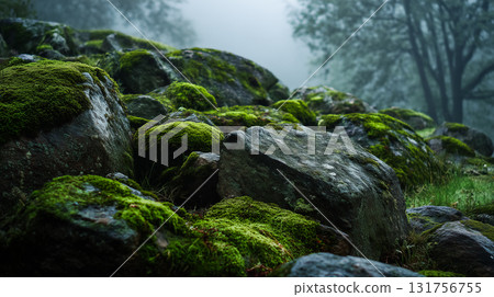 A fantastic natural landscape of a misty forest and mossy rocks 131756755