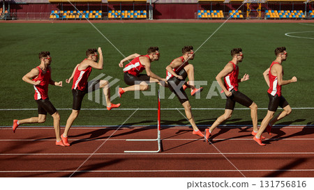 Creative collage. Sequence of hurdler jumping over barrier on stadium track in motion phases Creative collage. Sequence of hurdler jumping over barrier on stadium track in motion phases 131756816