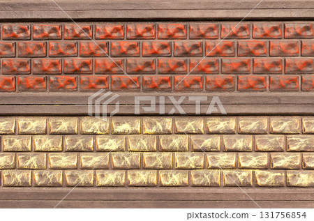 Close up of decorative concrete fence with textured brick pattern featuring two sections, upper one in red tones and lower one in golden yellow hues. Ideal for architectural and outdoor background use Close up of decorative concrete fence with textured brick pattern featuring two sections, upper one in red tones and lower one in golden yellow hues. Ideal for architectural and outdoor background use 131756854