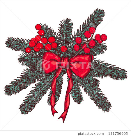 Christmas composition with fir branches, red berries, red bow. Vintage style. Vector hand draw illustration. 131756905