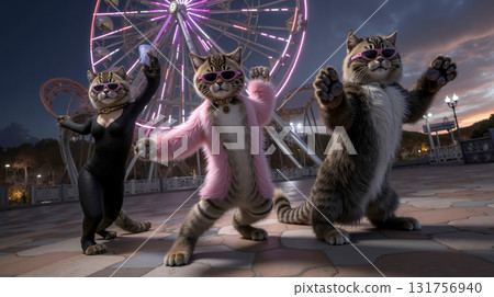A group of three cats wearing sunglasses in front of a ferris wheel A group of three cats wearing sunglasses in front of a ferris wheel 131756940