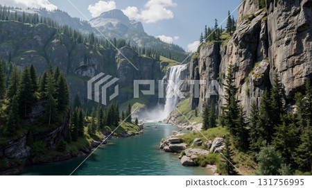 A large waterfall in the middle of a mountain valley 131756995