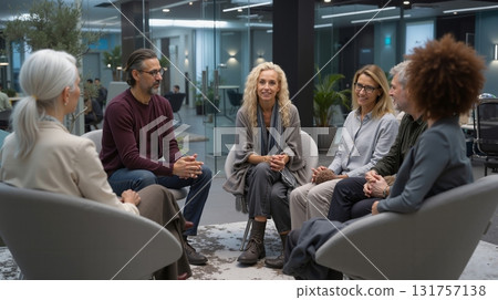 A group of people sitting in chairs talking to each other A group of people sitting in chairs talking to each other 131757138