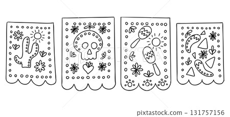 Hand drawn papel picado garland with cactus, skull, maracas, and chili pepper designs Hand drawn papel picado garland with cactus, skull, maracas, and chili pepper designs 131757156