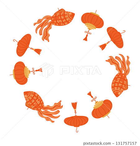 Round frame made of red lanterns and golden fish in traditional asian style Round frame made of red lanterns and golden fish in traditional asian style 131757157
