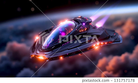 A spaceship flying through the sky with a purple light coming out of it A spaceship flying through the sky with a purple light coming out of it 131757178