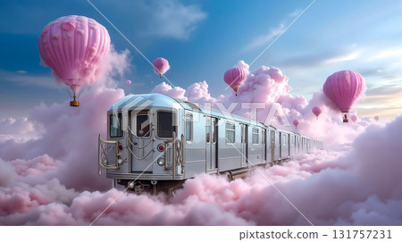 A train traveling through a cloud filled sky with hot air balloons 131757231