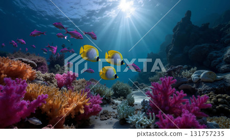 A group of colorful fish swimming over a coral reef 131757235