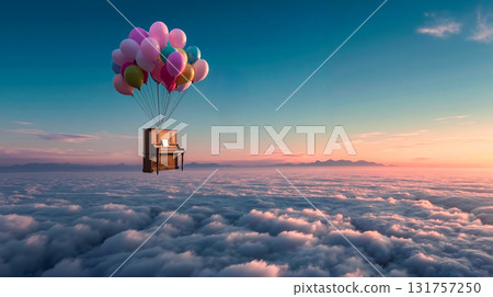 A piano floating in the sky with balloons attached to it 131757250