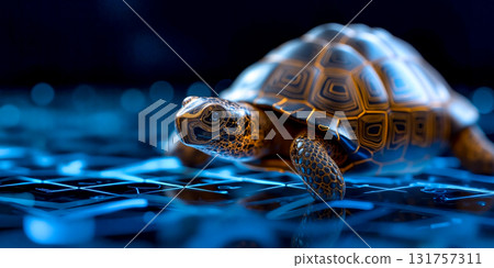 A tortoise on a blue surface with a black background 131757311