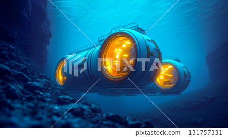 A submarine in the ocean with a light inside of it 131757331