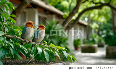 A couple of birds sitting on top of a tree branch 131757332
