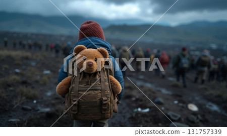 A person with a teddy bear in a backpack walking down a dirt road A person with a teddy bear in a backpack walking down a dirt road 131757339