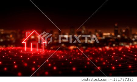 A red house on a red background with a city in the background A red house on a red background with a city in the background 131757355