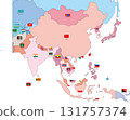 Asia map, country-specific color coding, flag and country name layer split 131757374