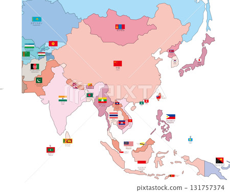 Asia map, country-specific color coding, flag and country name layer split Asia map, country-specific color coding, flag and country name layer split 131757374