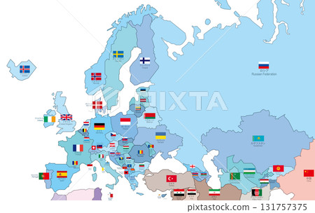 Europe map - Country color coding, flag and country name layers Europe map - Country color coding, flag and country name layers 131757375