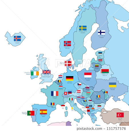 Europe map - Country color coding, flag and country name layers Europe map - Country color coding, flag and country name layers 131757376