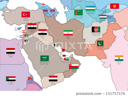 Middle East map - Country color coding, flag and country name layers Middle East map - Country color coding, flag and country name layers 131757378