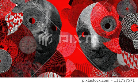 Abstract Faces With Patterned Masks Floating Over a Red Background in Surreal Art 131757571