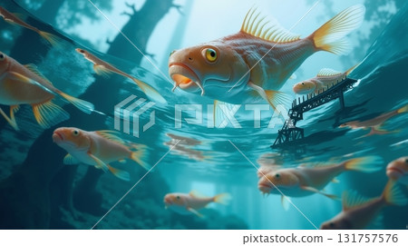 A group of goldfish swimming in the ocean near a pier 131757576