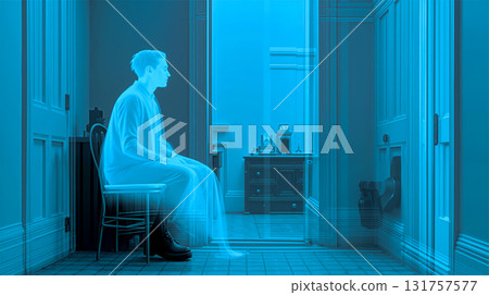 A man sitting on a chair in a room with a blue light coming through the door 131757577