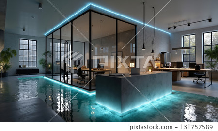 A modern office with a pool in the middle of it 131757589