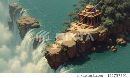 A small temple on top of a cliff next to a waterfall 131757591