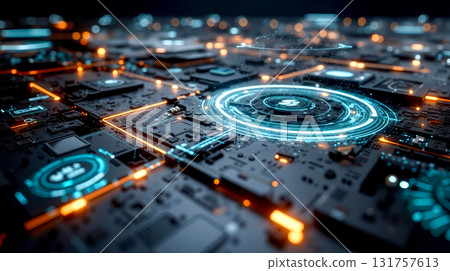 A close up of a circuit board with a futuristic interface on it A close up of a circuit board with a futuristic interface on it 131757613
