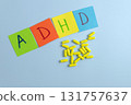 ADHD abbreviation on multi-colored paper and a bunch of pills. Attention Deficit Hyperactivity Disorder concept 131757637