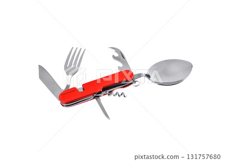 Travel multi-tool with fork, spoon and can opener, multifunctional set, utility knife with travel and tourism accessories set, tourist spoon and fork, close-up 131757680