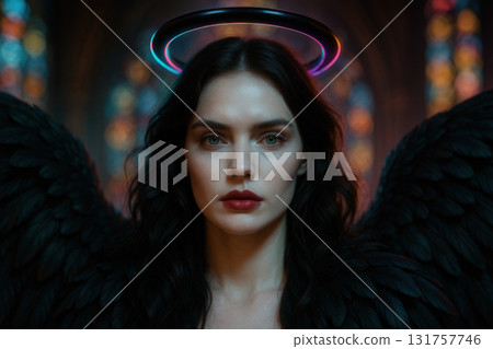 Mysterious Dark Angel with Neon Halo in Gothic Cathedral Setting 131757746