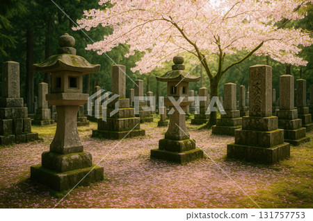 Ancient Stone Lanterns Amid Fallen Cherry Blossoms in Lush Cemetery 131757753