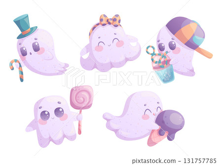 A set of cute ghosts with candy, ice cream, and a drink. Halloween. Isolated vector illustration for the design of postcards, postcards for printing, textiles, stickers A set of cute ghosts with candy, ice cream, and a drink. Halloween. Isolated vector illustration for the design of postcards, postcards for printing, textiles, stickers 131757785