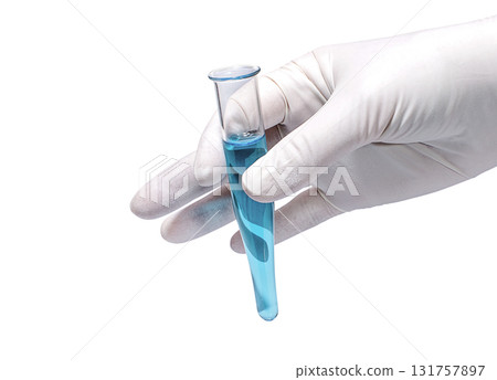 Doctor's hand in rubber glove holding test-tube with blue liquid Doctor's hand in rubber glove holding test-tube with blue liquid 131757897