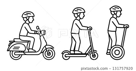 Set of people riding electric mobility vehicles (scooter, kickboard, Segway) 131757920