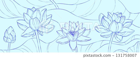 Blue lotus line drawings with delicate petals Blue lotus line drawings with delicate petals 131758007