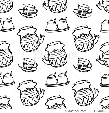 Seamless pattern with a teapot, porcelain cup for tea and coffee, salt shaker, and sugar bowl. Cooking utensils. Black and white graphics. 131758082